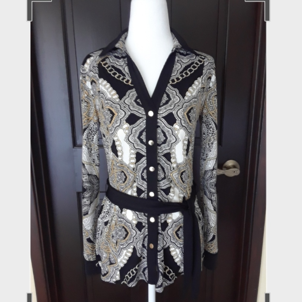 Cache Long Sleeve snap front blouse with waist tie